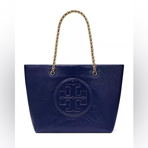 NWT TORY BURCH ELLA CRINKLE PATENT CHAIN TOTE Navy Blue Gold Laptop Shoulder Bag
